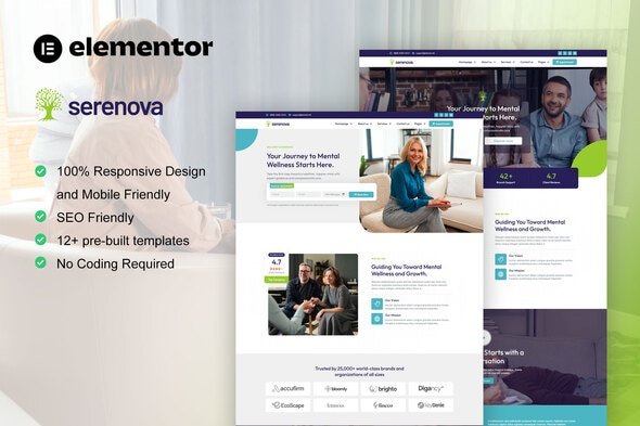 Serenova - Psychology & Mental Health Elementor Pro Template Kit